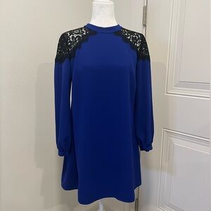 CeCe By Cynthia Steffe Black Lace & Royal Blue Long Sleeve Shift Dress